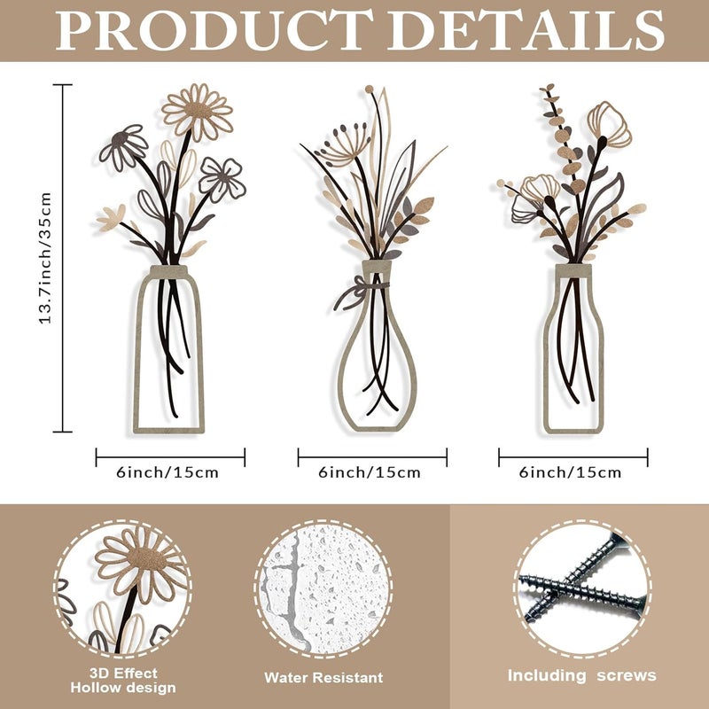 Pigort 3 Pieces Metal Flowers Wall Arts - Rustic Farmhouse Style Décor Metal Wall Art Black Minimalist Flower Natural Themed Wall Decors for Home Bedroom Dining Room Housewarming (Brown) - Image 2